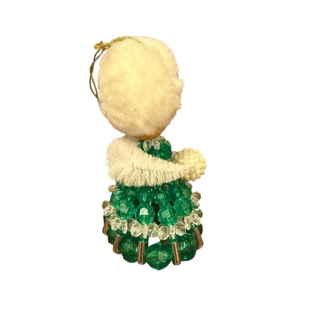 Vtg Bead And Safety Pin Doll‎ Kitschy Green Dress & Muff Handmade Ornament